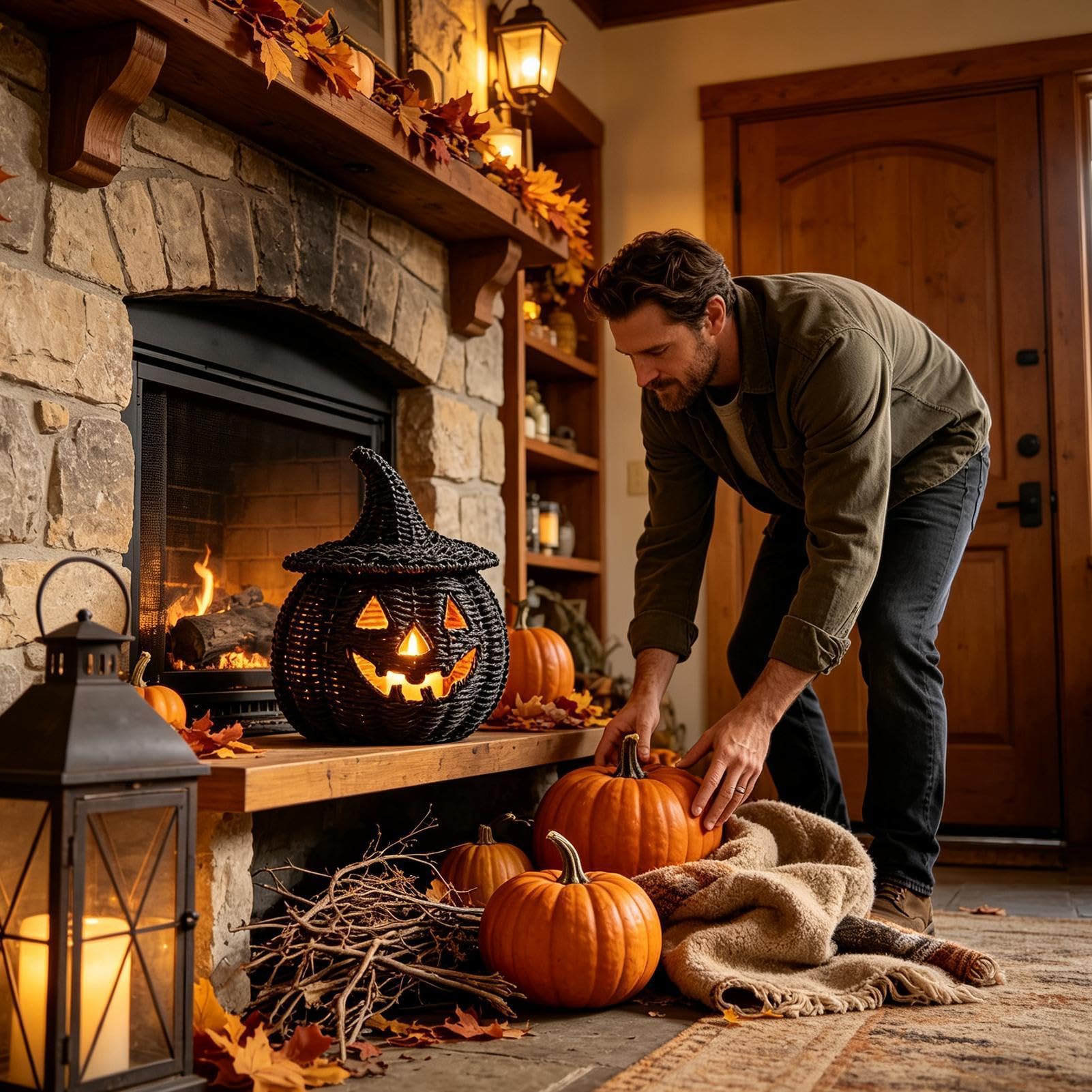 Tkana dynia Halloween Halloween pojemnik do przechowywania ze świecą LED | Ręcznie wykonany kosz na cukierki do domu salonu biurko kominek stół do jadalni wejście ganek przyjęcie świąteczne
