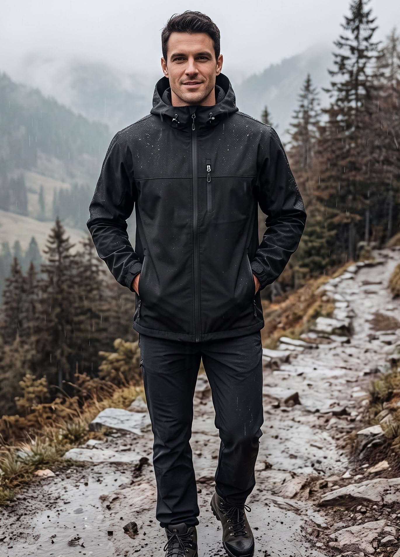 W JIANWANG Chubasquero para hombre, impermeable, transpirable, con capucha, resistente al viento, costuras selladas, chaqueta rígida ligera para senderismo, trekking, bicicleta, camping