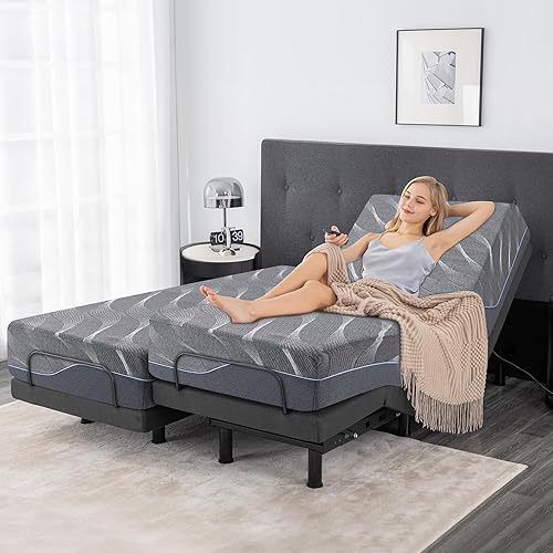 Split King Adjustable Bed Frame with Mattress, 12 Inch Grey Gel Memory Foam Medium-Firm Mattress in Box, Easy Assembly Adjustable Bed Base with Wireless Remote, Smart Electric Bed Frame