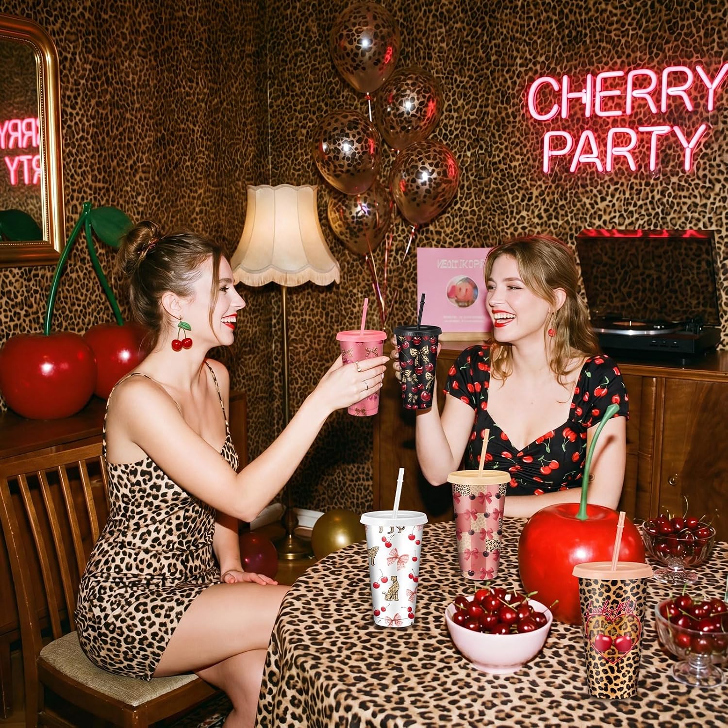 24 Pcs Cheetah Cherry Plastic Cups with Lid Straw 24 oz Cheetah Cherry Party Favors Cups Bulk Gift for Women Leopard Drinking Cup for Bride Shower Bachelorette Coquette Birthday Decorations
