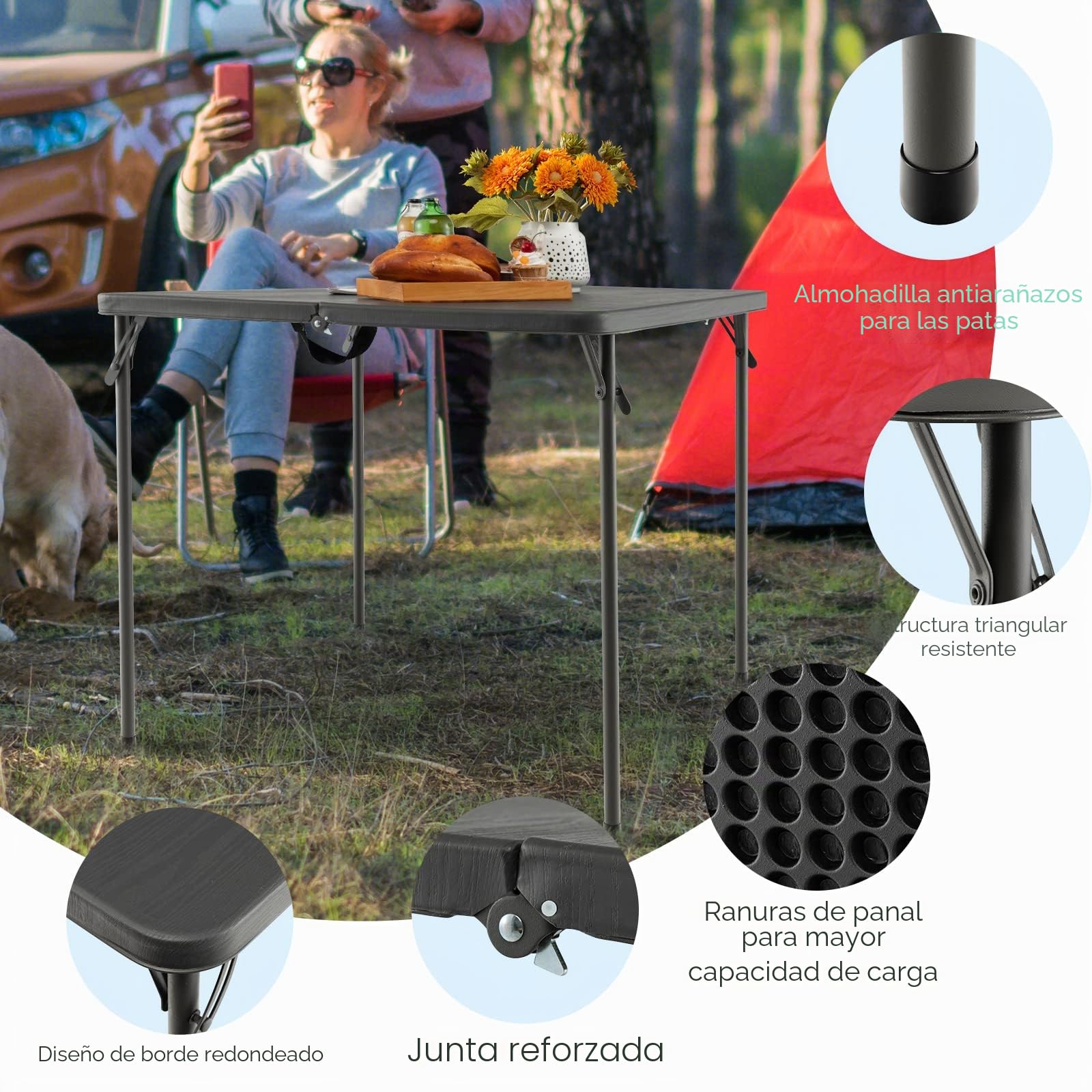 KOMFOTTEU Mesa Plegable de Camping, Mesa de Picnic Portátil de HDPE con Marco de Metal, Carga 100 kg, para Barbacoa, Jardín, Terraza, Fiesta, 86 x 86 x 74 cm