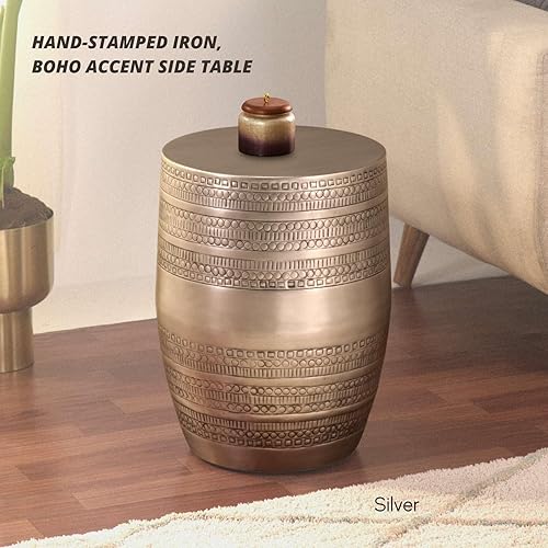 Miniatura 8 de Moderna mesa auxiliar redonda de aluminio martillado en relieve de metal, hierro estampado a mano, mesa auxiliar bohemia con forma de tambor, para