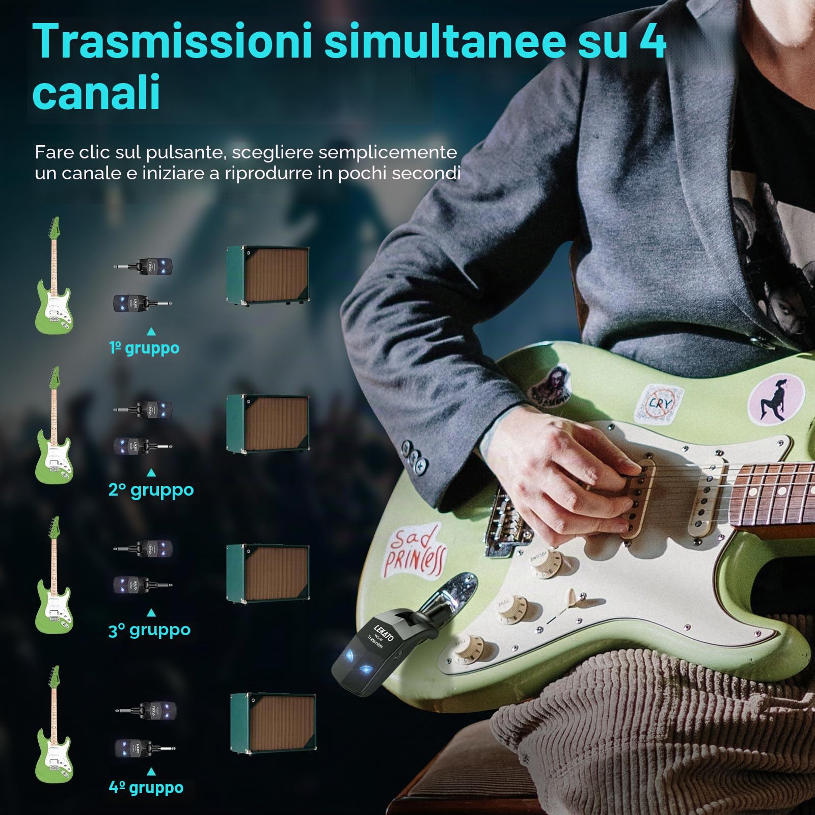 LEKATO Ricevitore Trasmettitore Wireless per Chitarra 2.4GHz Cavo per Chitarra Runtime 8H Dispositivo Wireless Ricaricabile per Basso Digitale per Basso(WS80)
