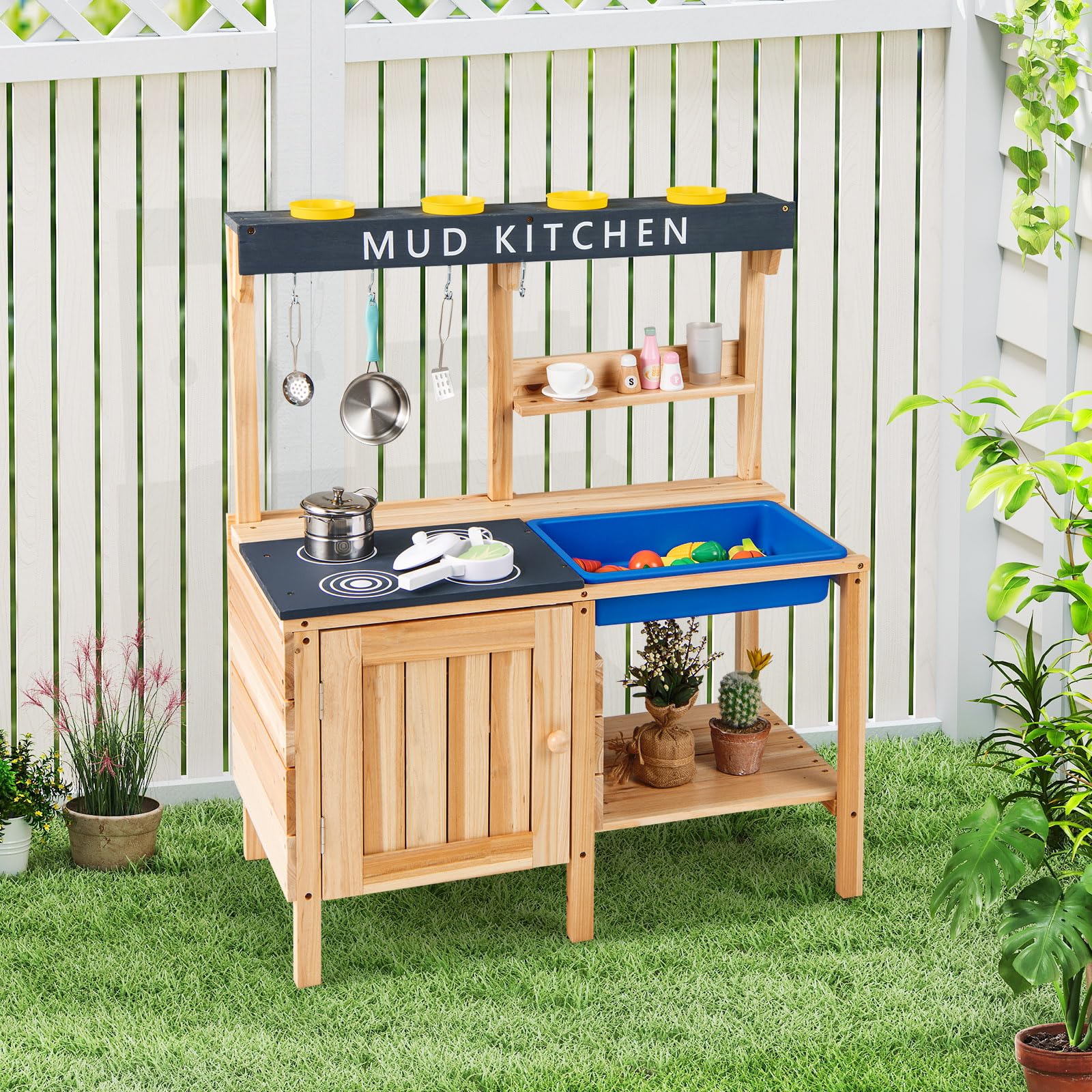 COSTWAY Cucina Giocattolo per Bambini, Cucina in Legno da Esterno con Lavello Removibile, Fornello, Pentole e Ripiani, Cucinetta Giocattolo Interattiva con Accessori per Bambini 3-8 Anni, Naturale