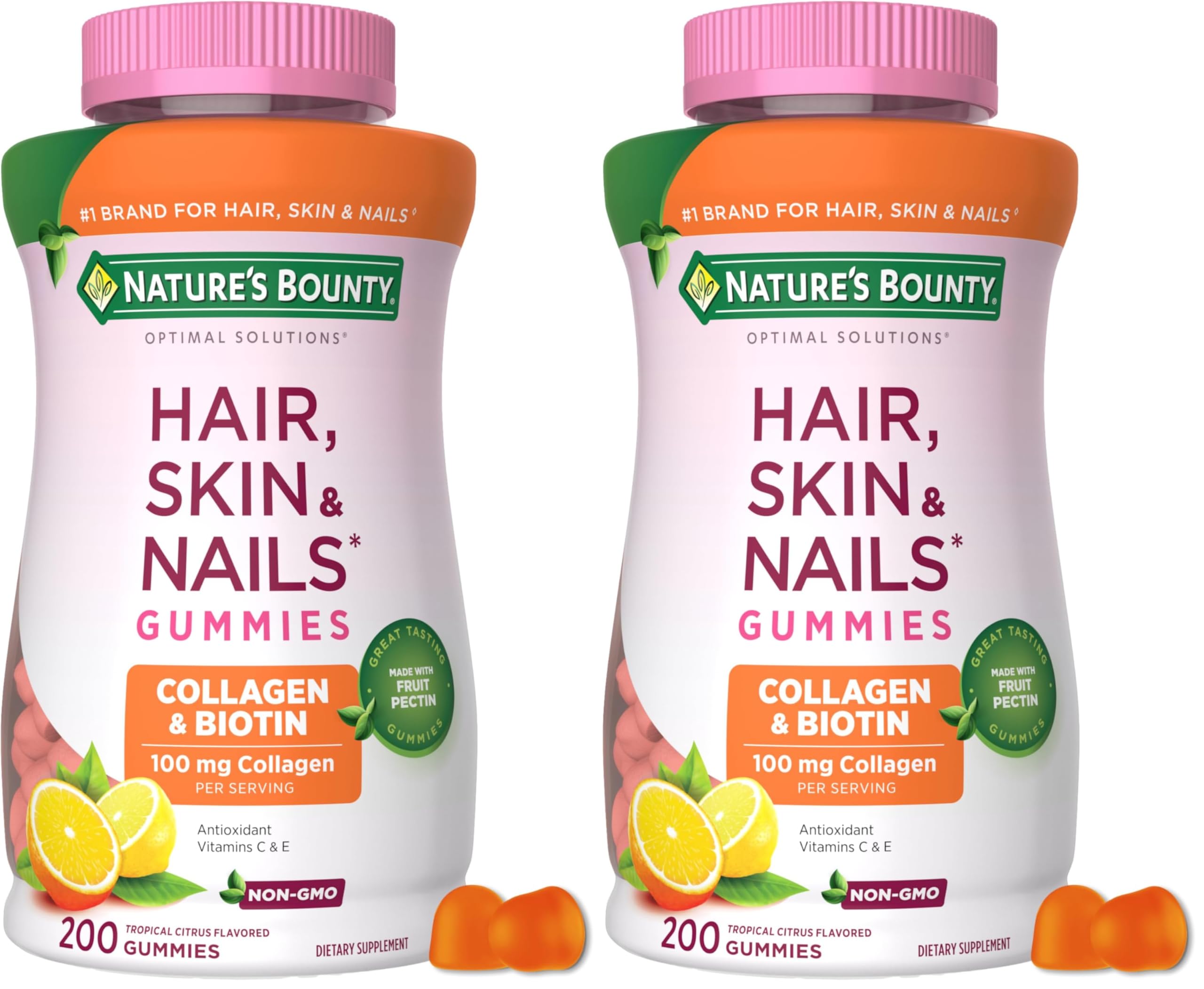 Nature's Bounty Optimal Solutions Hair, Skin and Nails Collagen Pectin Gummies, 100 mg Collagen and 2,500 mcg Biotin Per Serving, No Stick Gummy, Tropical Citrus Flavor,200 ct,100 Servings,(Pack of 2) 200 Count (Pack of 2)
