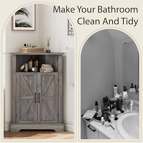 Miniatura 7 de Smuxee - Armario de almacenamiento de esquina para el baño, gabinete de piso de esquina de estilo granja con puerta de granero y estante ajustable,