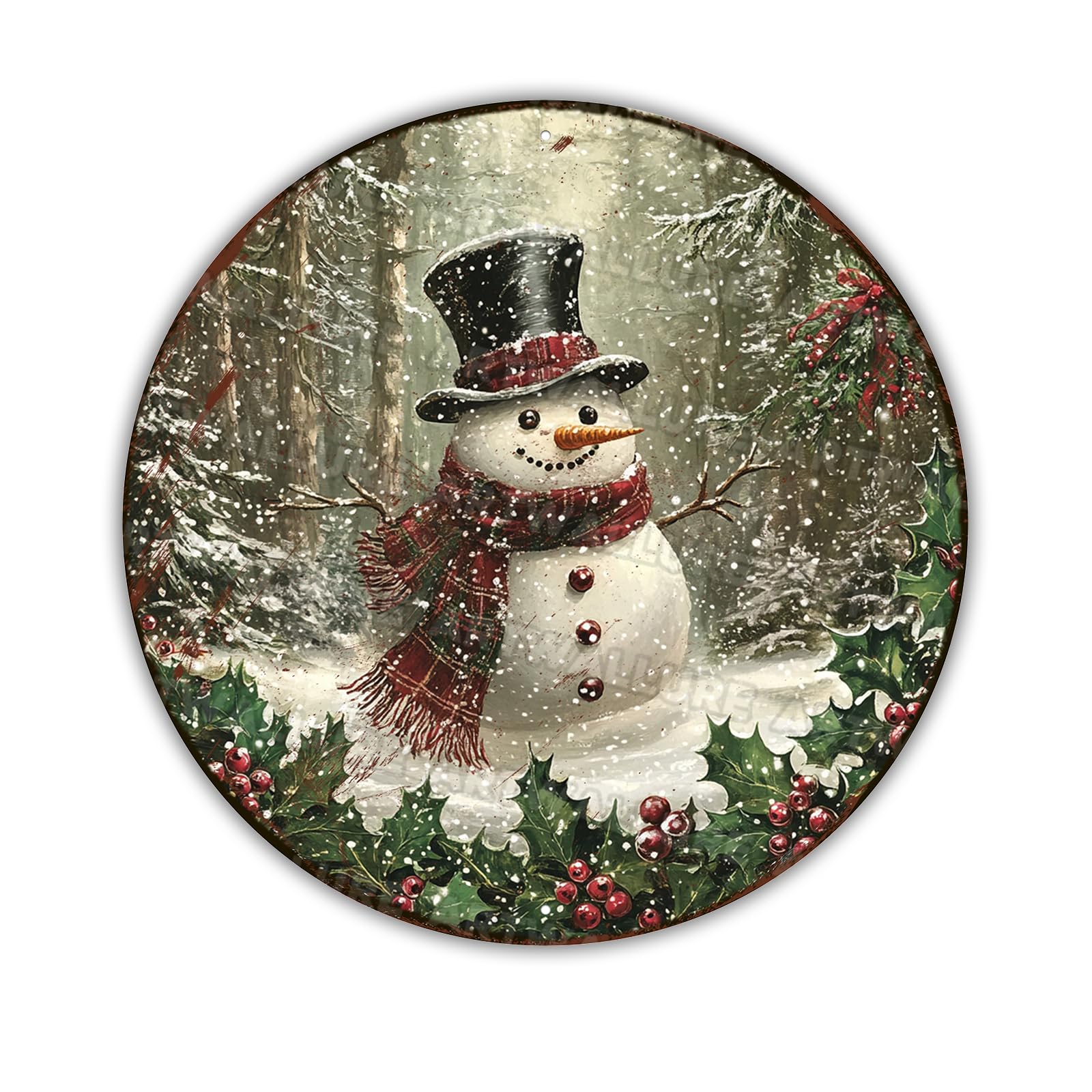 Vintage Snowman Tin Sign Round Christmas Metal Wall Decor for Porch or Outdoor, Rustic Winter Wreath Accent Perfect for Farmhouse Entryway & Living Room 8x8Inch