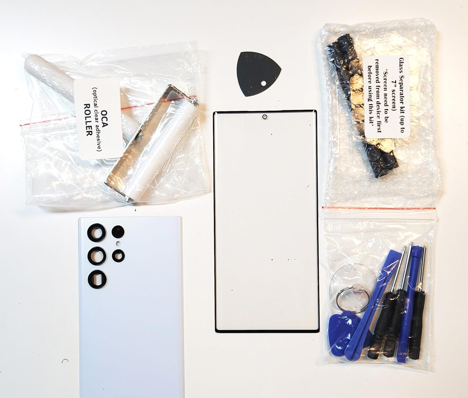 Screen Repair Kit Compatible with Samsung Galaxy S22 / S22 Plus / S22 Ultra - Front Outer Glass Lens + Rear Back Door Housing with Camera Frame Lens Cover Replacement (S22 Ultra Phantom White)