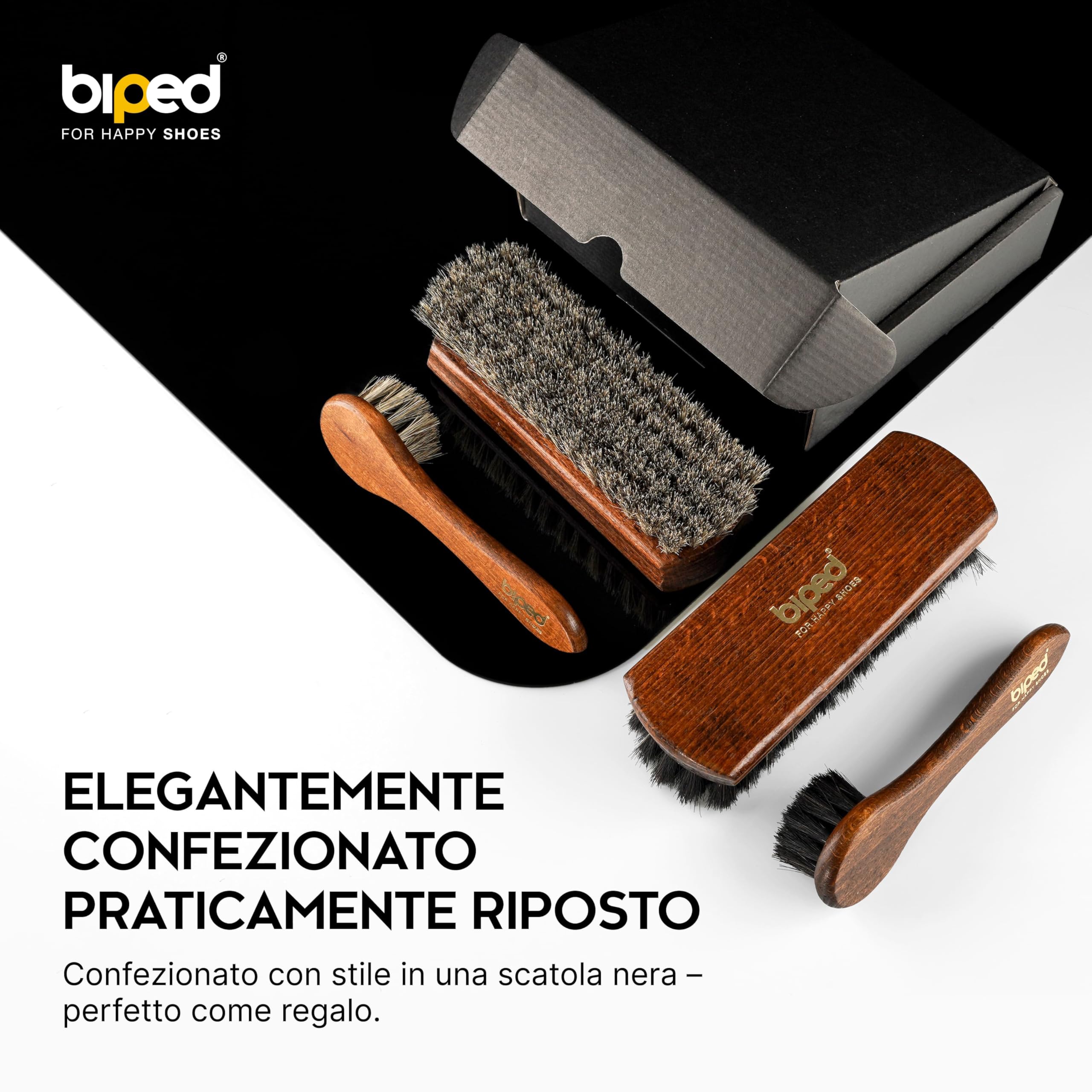 biped Set 4 spazzole per scarpe Classic in legno di faggio – 2 per applicare la crema + 2 per lucidare in crine di cavallo – kit completo per la cura delle scarpe in cofanetto z2487