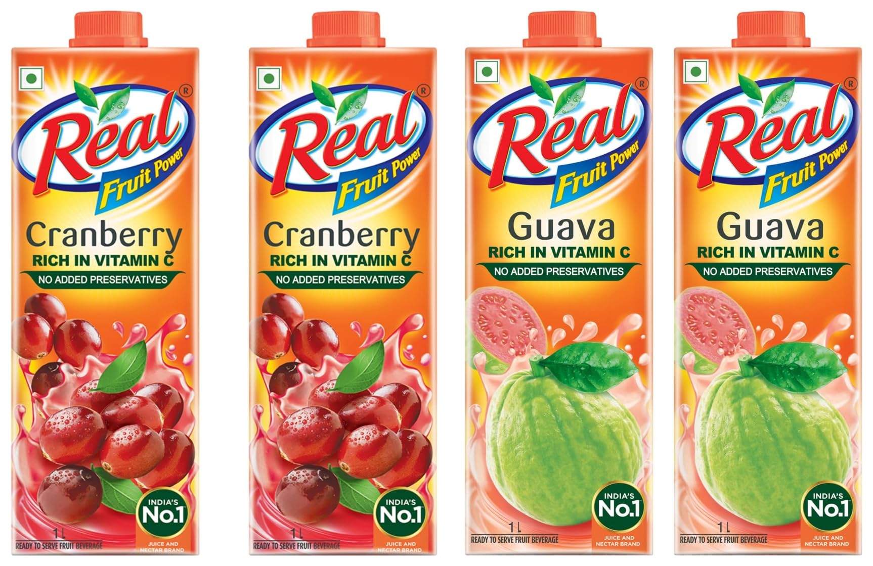 Real Fruit Power Juice, Cranberry, 1L (Pack of 2) & Real Fruit Juice, Guava, 1L (Pack of 2)