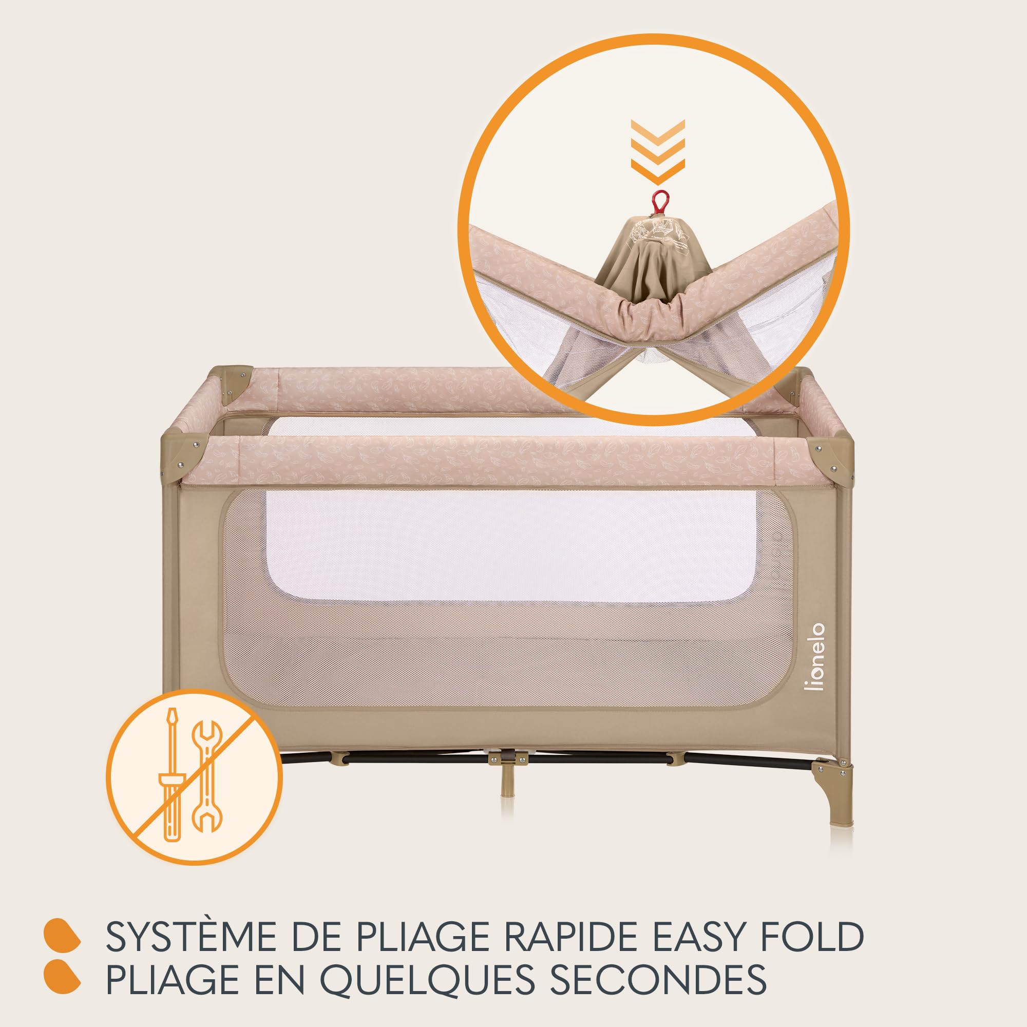 lionelo Jasmin Easy FoldLit de Voyage pour Enfants jusqu'à 15 kg de 0 à 36 Mois Matelas Mousse T25, 2 hauteurs, Facile à Plier Easy Fold, Accès latéral, roulettes