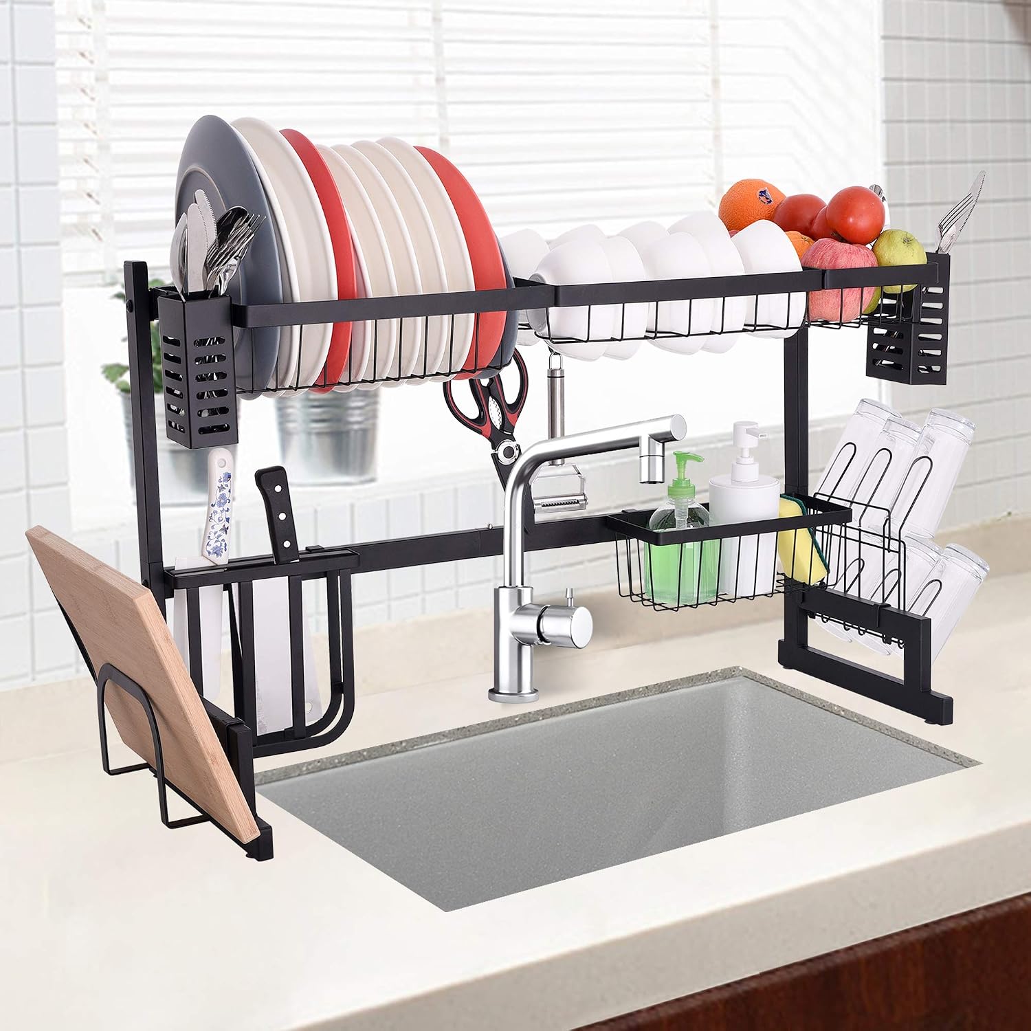 Dailyart Over The Sink Dish Drying Rack 2-Tier Premium Kitchen Dish Rack Easy to Install Non-Slip Dish Drainers for Kitchen Supplies Storage Counter Organizer Utensils Holder (Sink Size≤30 Inch)