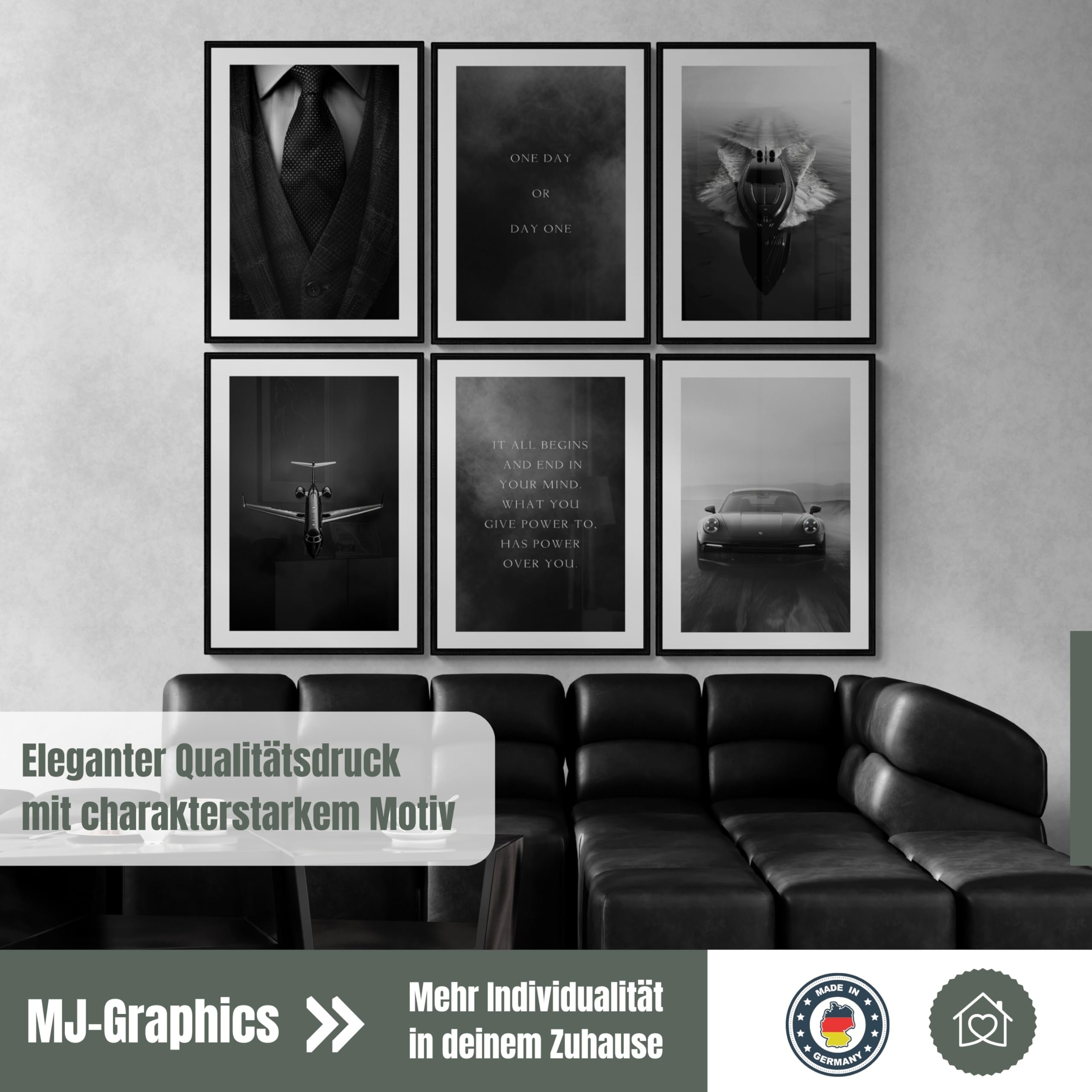 MJ-GRAPHICS® - Mood Poster Set Bilder Büro, Set Fashion Poster, Wandbilder Wohnzimmer Deko, Bild Porsche, 6xA2 Poster & Kunstdrucke Schwarz Weiß Bilder Schlafzimmer, Wohnzimmer Poster Set ohne Rahmen