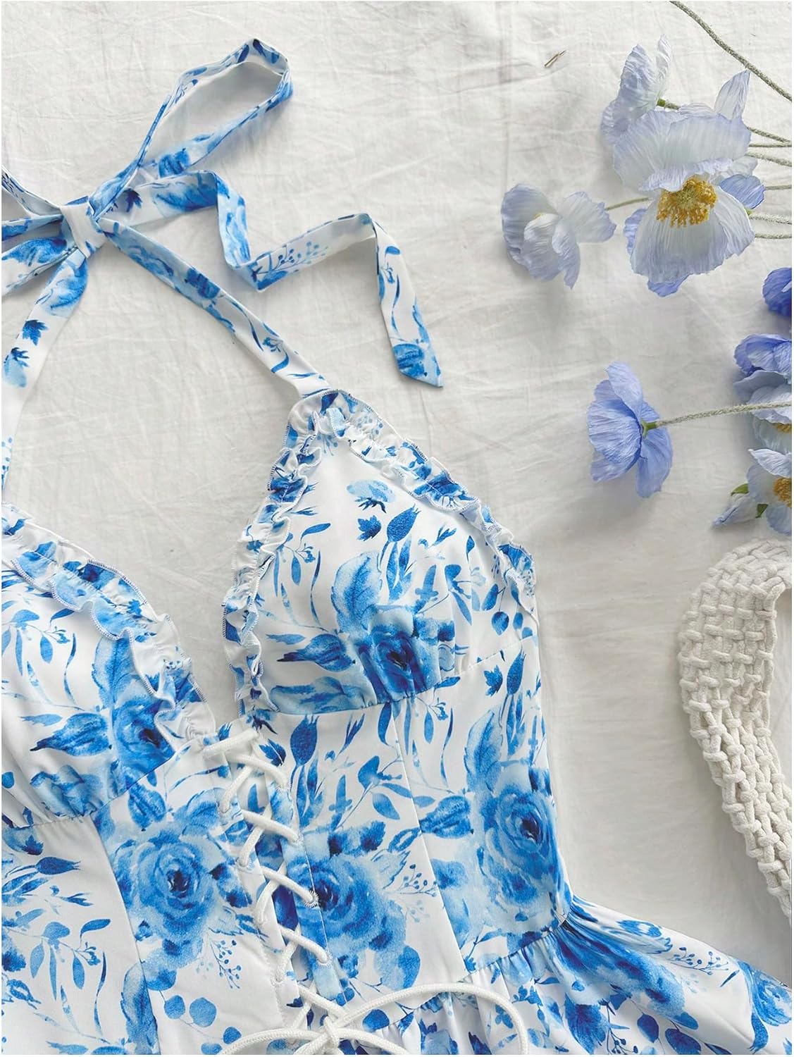 WDIRARA Women's Floral Layered Ruffle Halter Mini Dress Lace Up Tie Backless Deep V Neck A Line Dresses - Image 3