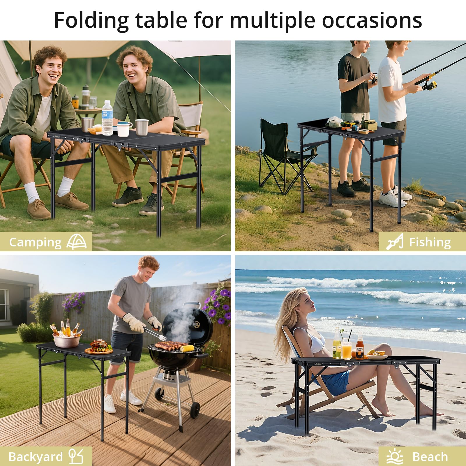 Anbte Table de Camping Pliante 90 x 40 cm avec 3 Hauteurs Réglables Jusqu’à 74,7 cm, Table d’Appoint Stable en Aluminium avec Plateau MDF, Charge 30 kg, Portable pour Camping, Pique-Nique et Jardin