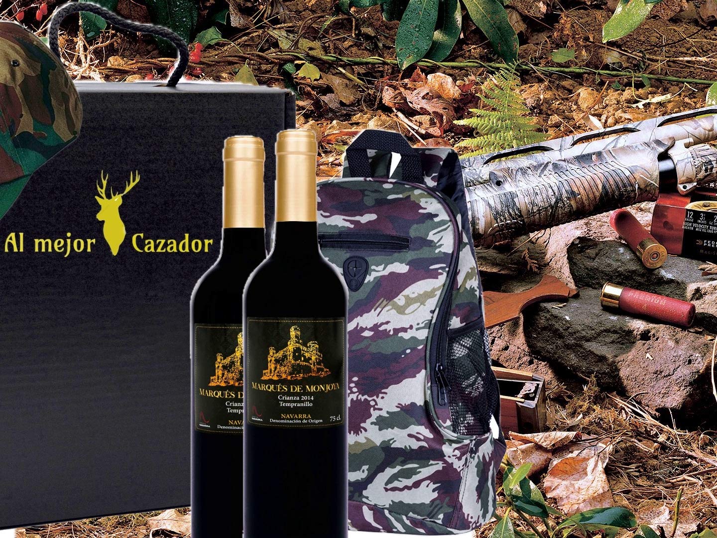 Caja Regalo Vino - Pack de 2 Botellas de Crianza + Regalo Al Mejor Cazador + Kit con Gorra y Mochila de Camuflaje para Caza - D.Origen Olite Navarra - Ideal para regalar