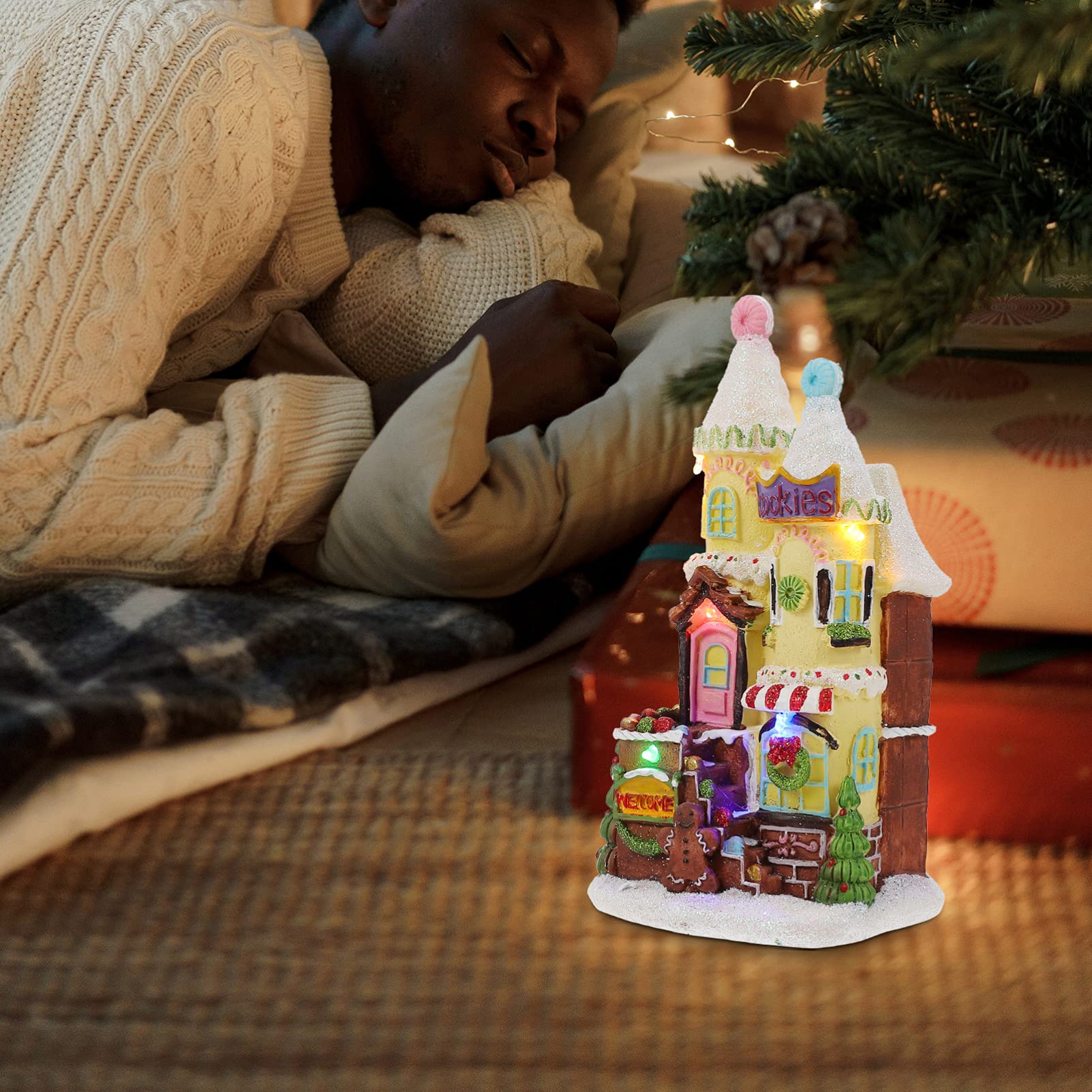 ibasenice 1 Pc Casa Resplandor Navideña Casa Luminosa De Navidad Iluminar La Decoración del Pueblo Ilumina La Escena del Pueblo Decoración De La Cabaña De Troncos Resina Miniatura La Señal