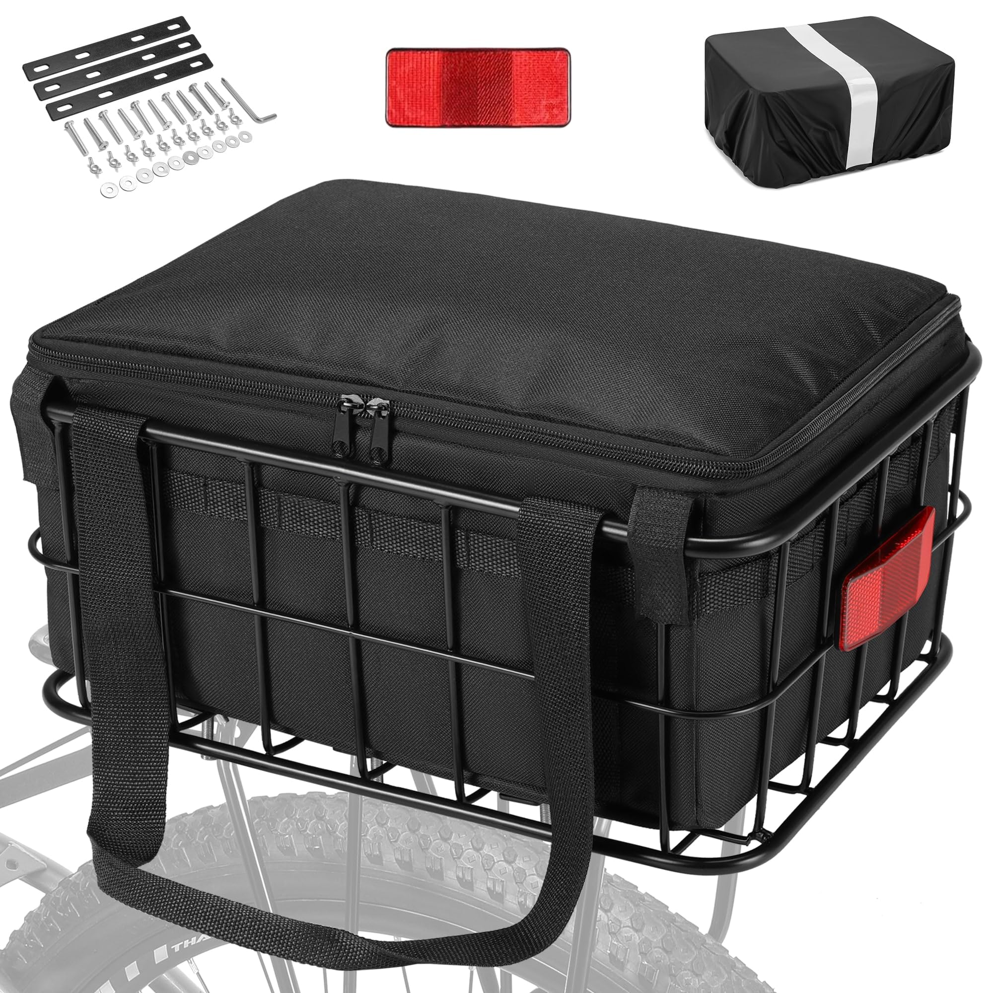 CDYWD Bike Basket Rear for Men Women, Large Bicycle Rack Basket for Adult Bikes with Removable Liner Bag & Waterproof Cover, Heavy Metal Back Cargo