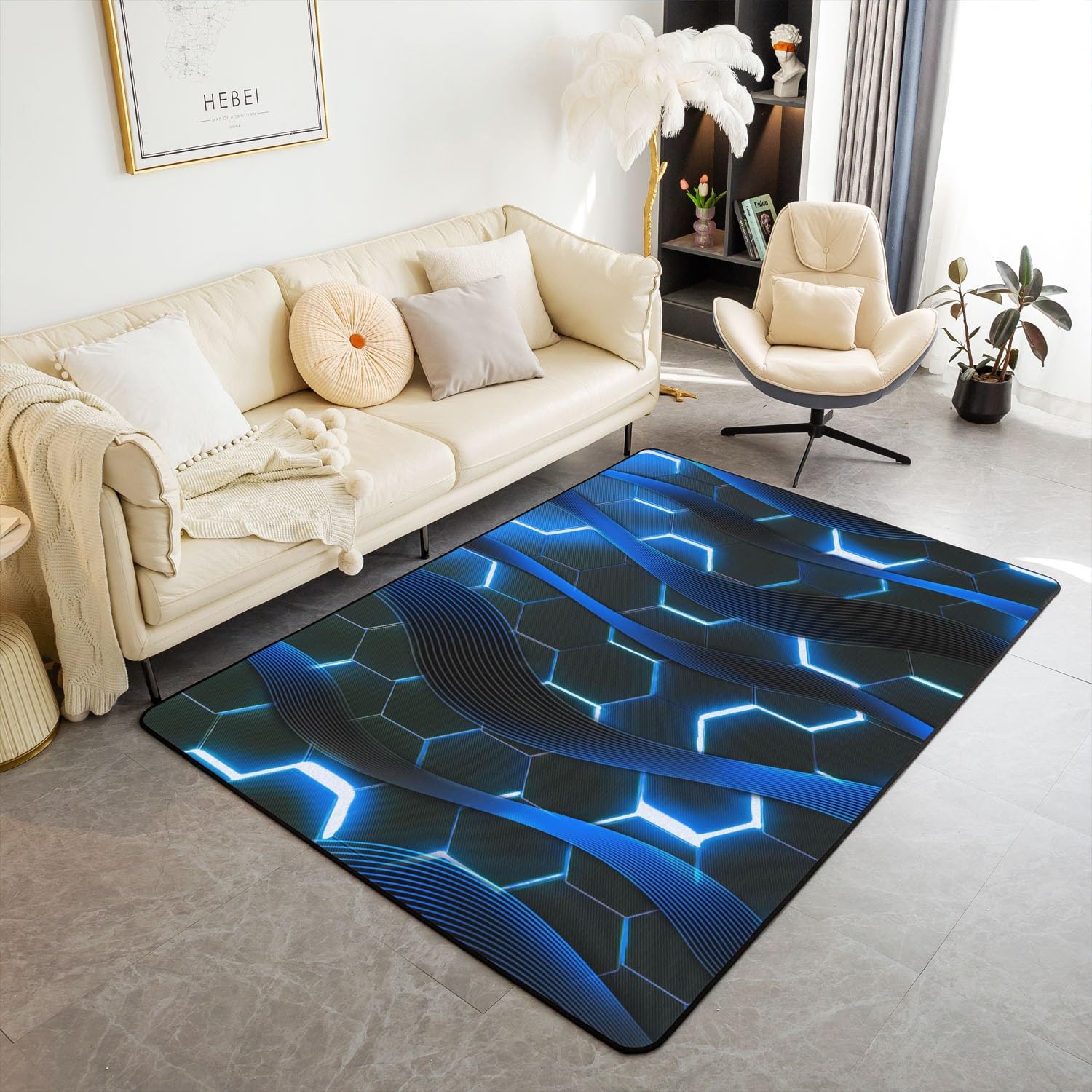 Homewish Tapis 100x150 Géométrique Nid d'abeille Bleu, Tapis Salon Géométrique À Rayures,Tapis d'intérieur Géométrique Lumières Néon Ombrées pour Chambre À Coucher, Tapis Décoratif Moderne Abstrait