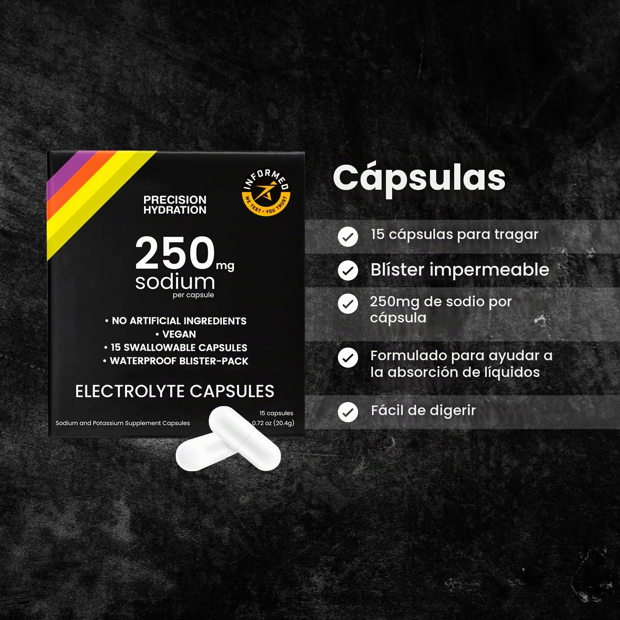 Precision Hydration Cápsulas Electrolíticas - 15 Cápsulas en Blister Impermeables, Sin Ingredientes Artificiales, Sin Gluten, Vegano (Paquete de 5)
