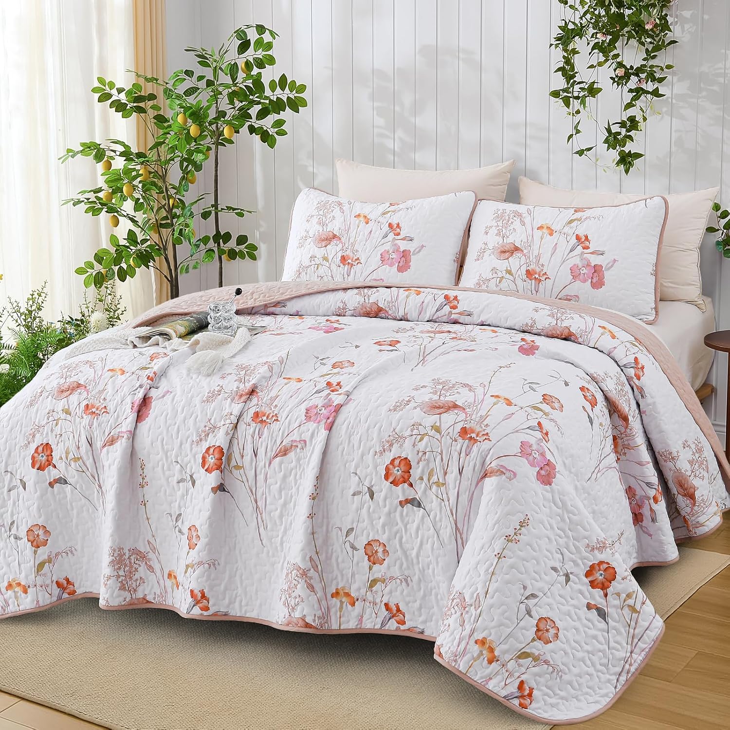 WONGS BEDDING 3 Pieces Quilt Set King Size, Pink Floral Botanical Plants Pattern Bedspread Coverlet Set with 2 Pillowcases, Soft Lightweight Microfiber Bedding Set for All Season(104"×90") - Image 3