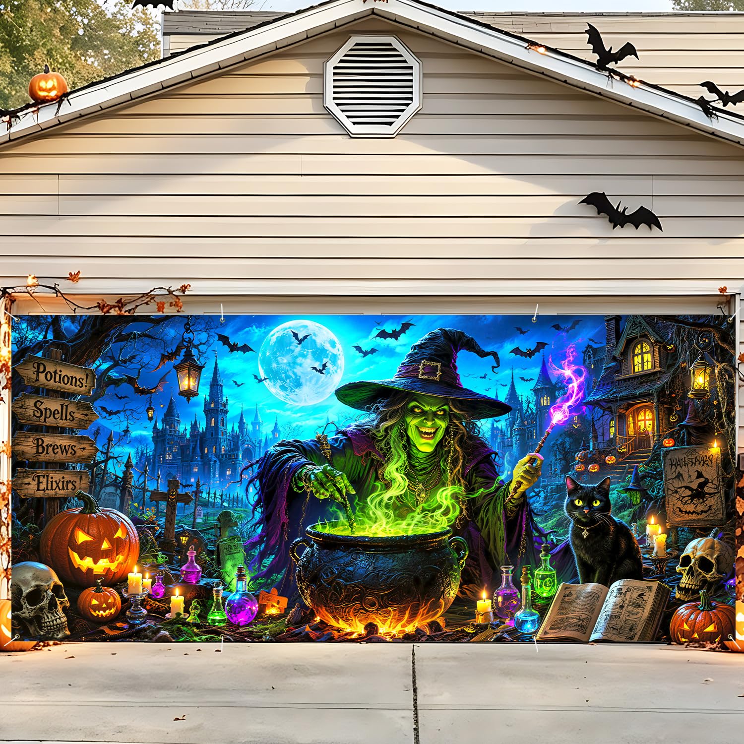 Halloween Garage Door Decorations 6 x 13 ft, Witch Cauldron Cover