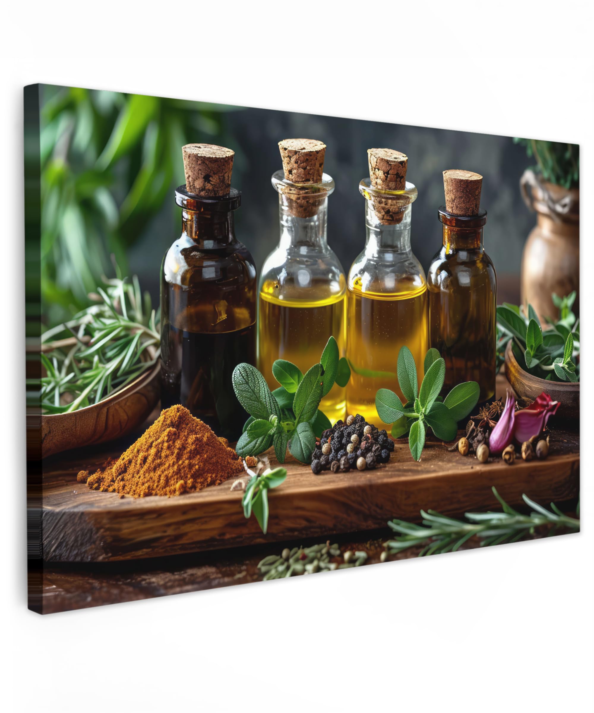 MuchoWow© Leinwand Bilder Groß 120x80 cm XXL Wanddeko Wohnzimmer Aesthetic Room Decor Deko Zimmer Wandbilder Modern Fotogeschenke Olivenöl - Küche - Kräuter - Regal