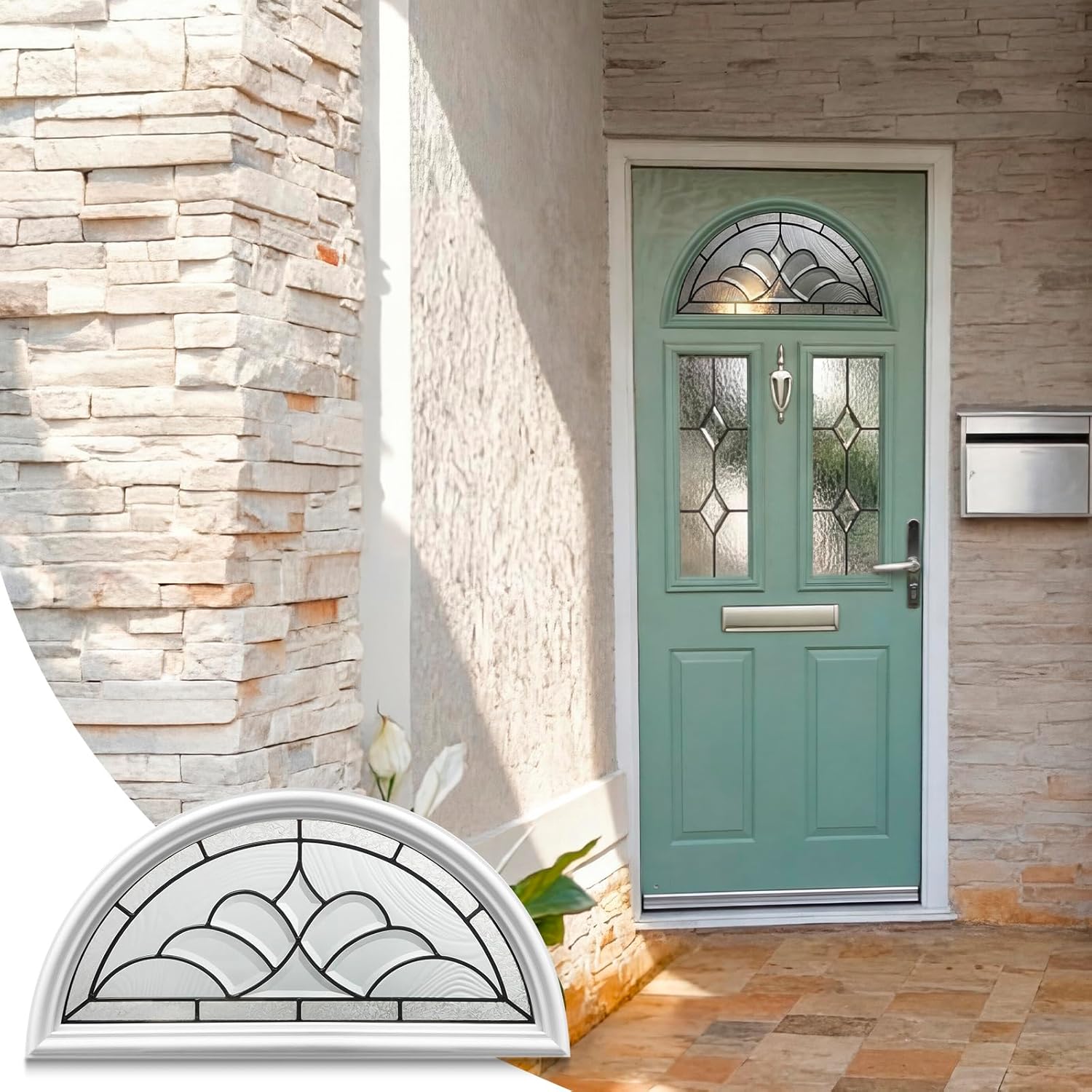 22" x 10" Entry Nouveau Door Glass Insert Half Round Top Exterior Front Door Window Inserts Replacement Kit for Home Improvement(1 Lite Glass,Patina Caming)