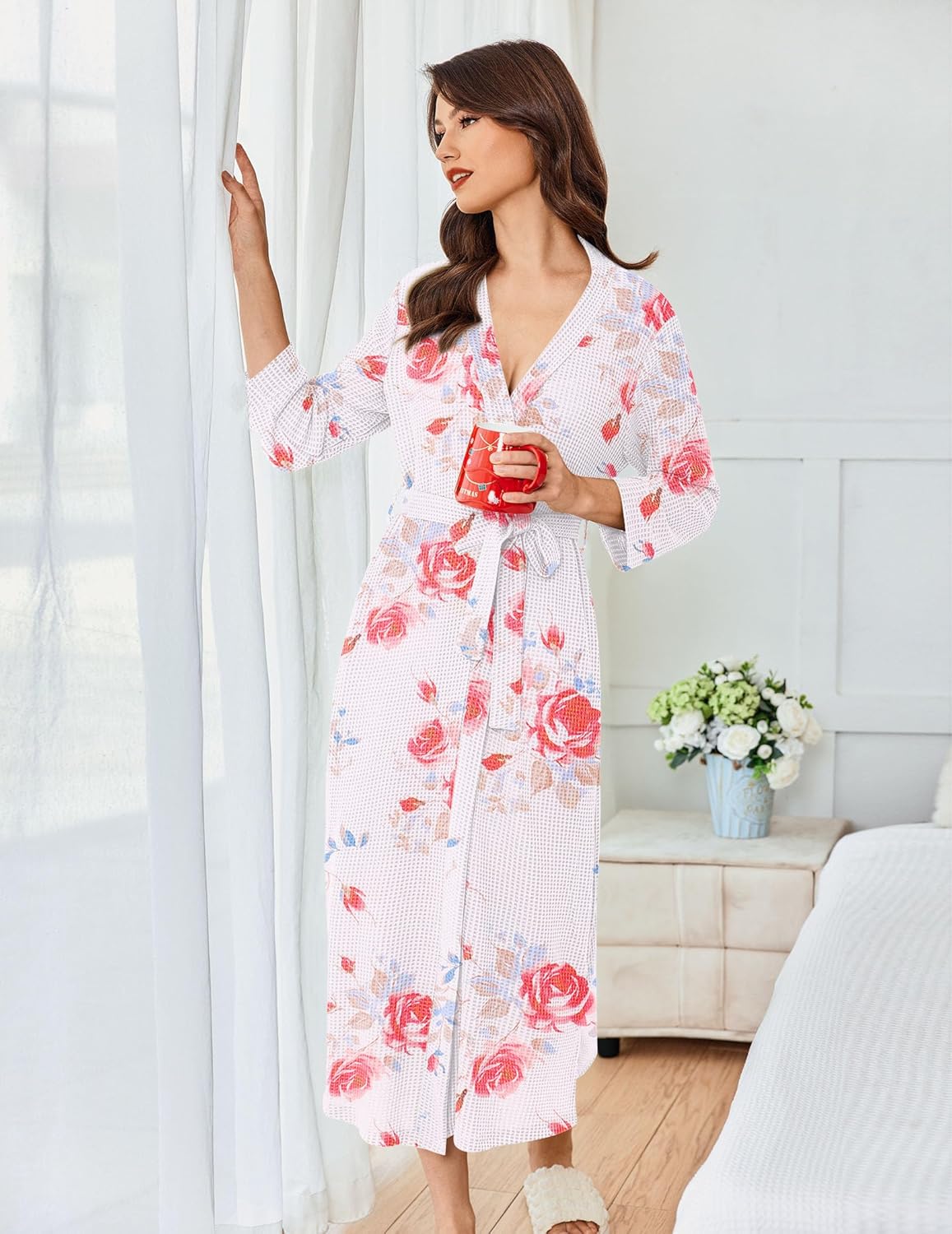 Ekouaer Women's Robe Long Waffle Knit Bathrobe Lightweight Soft Kimono Robes Loungewear S-XXL