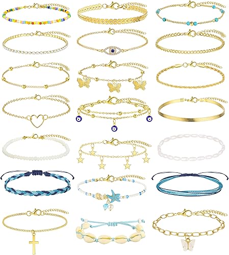 FANDY Tobillera dorada de 21 piezas para mujer, cadena de eslabones cubanos dorados, tobillera de ojo malvado, juego de regalo para adolescentes y