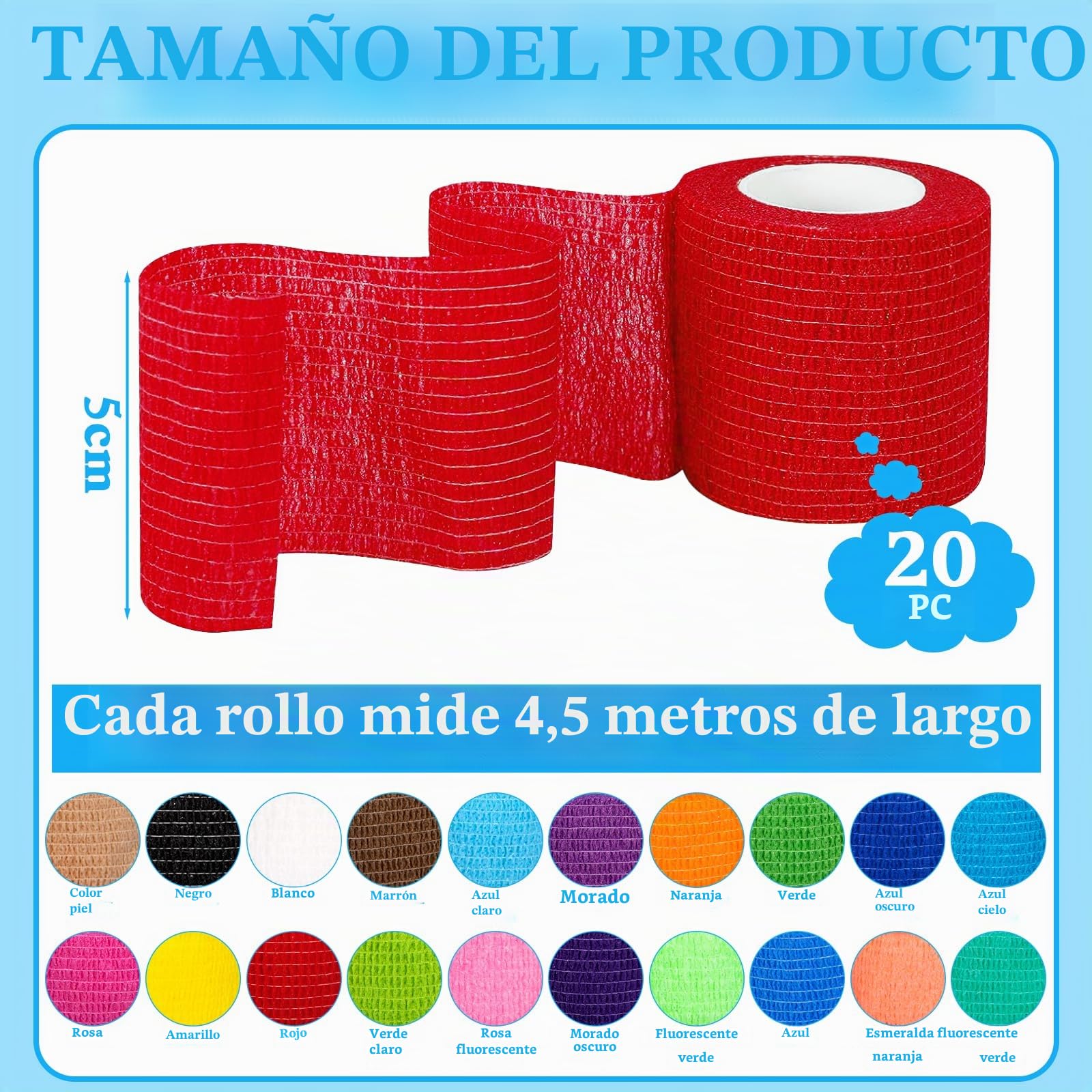 Venda Cohesiva, 20 Rollos 5cm X 4.5m Tape Crossfit, Vendas Autoadhesivas, Venda Cinta Bendaje Adhesiva, Venda Elastica Adhesiva Para Deportes, Dedos, Tobillos, Articulaciones (20 Colores)