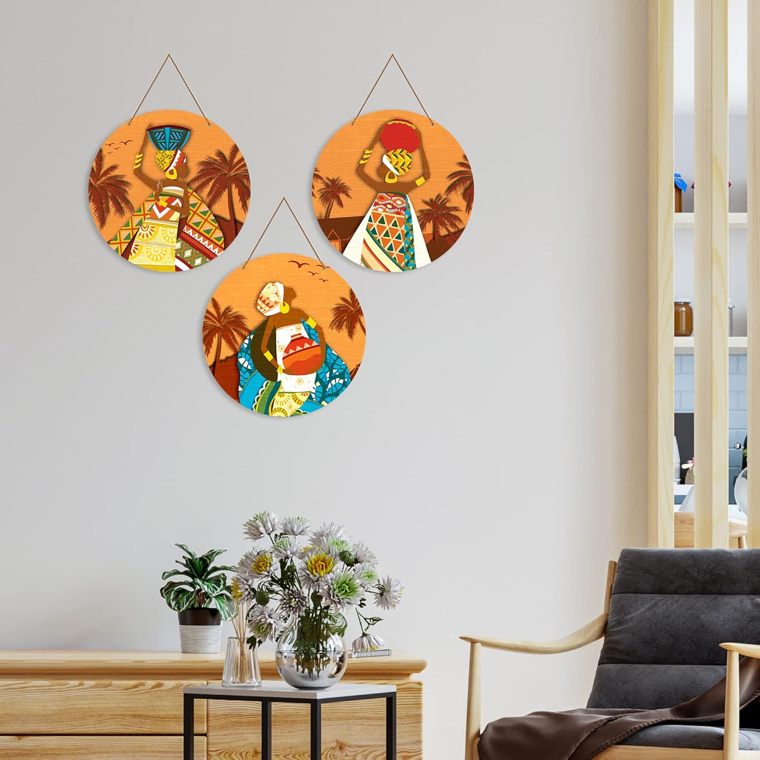 Artvibes African Village Themed Warli Art Round Wooden Wall Hanger for Home Decor | Living Room | Handcrafted Art | Wall Illustrations | Art Prints | Aesthetic Wall Art | Gifts (WH_4201N), Set of 3