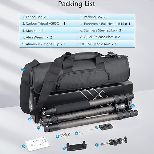 Miniatura 9 de Trípode de fibra de carbono con cabeza esférica de perfil bajo, tubo de carbono de 10 capas, trípode de viaje portátil resistente, 72.6 pulgadas -