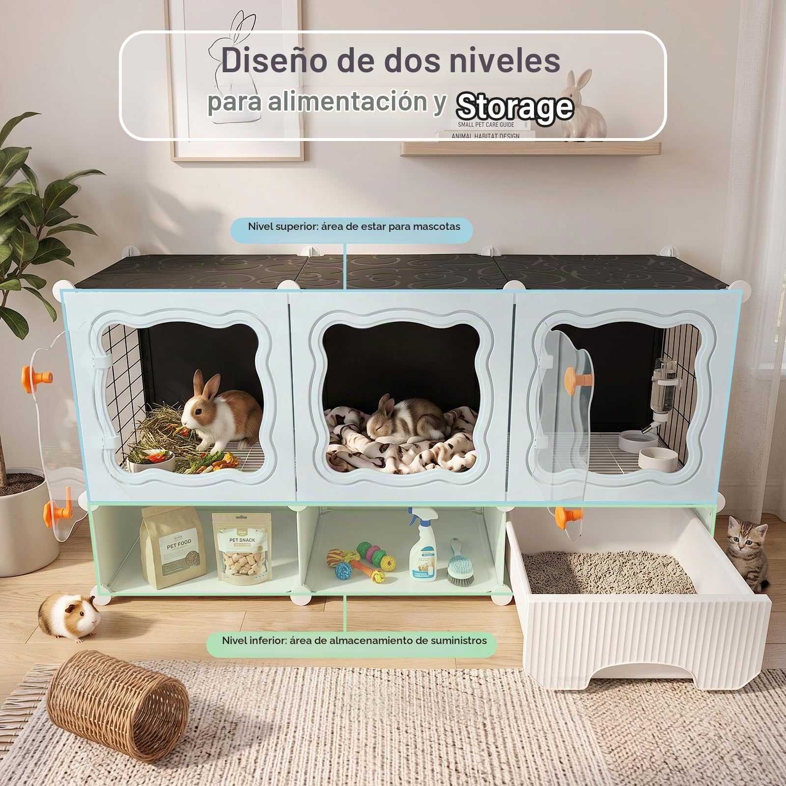 Jaula Conejo Interior con Almacenamiento, Bandeja, para Pequeños Animales