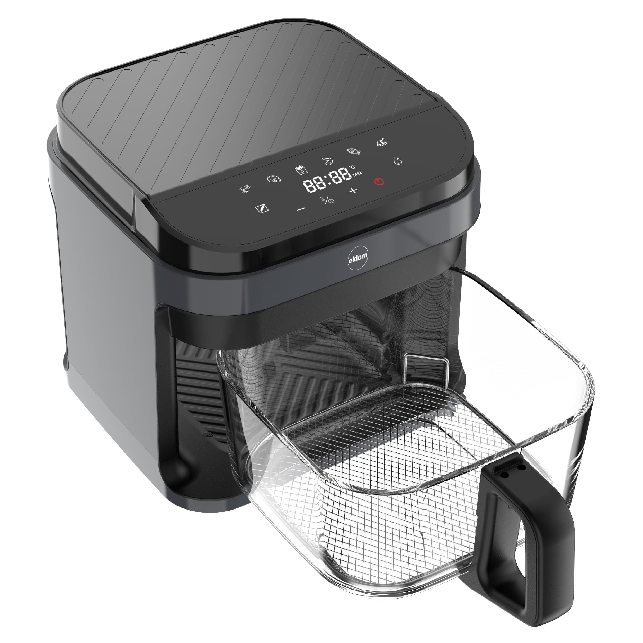 Freidora de aire caliente, 5,5 L, con recipiente de cristal, airfryer sin aceite, 1200 W, 8 programas, descongelación, pantalla táctil LED, 40 – 200 °C, incluye rejilla y alfombrilla de silicona