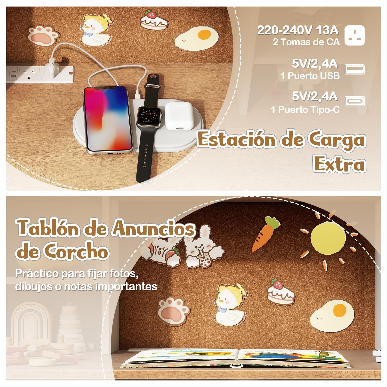 GOPLUS Escritorio Infantil con Estante, Mesa de Escritura con Tablero de Corcho y 2 Cajones, Estación de Carga y Estantes Ajustable en 5 Niveles, Escritorio Multifuncional para Estudiante de 8-12 Años