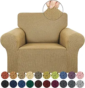 KEKUOU Stretch Single Sofa Slipcover 1 Piece Couch Sofa Cover (31"-55") Furniture Protector 1 Seater Sofa with Elastic Bottom for Kids,Pet.Jacquard Small Checked Pattern Fabric(Small,Tan)