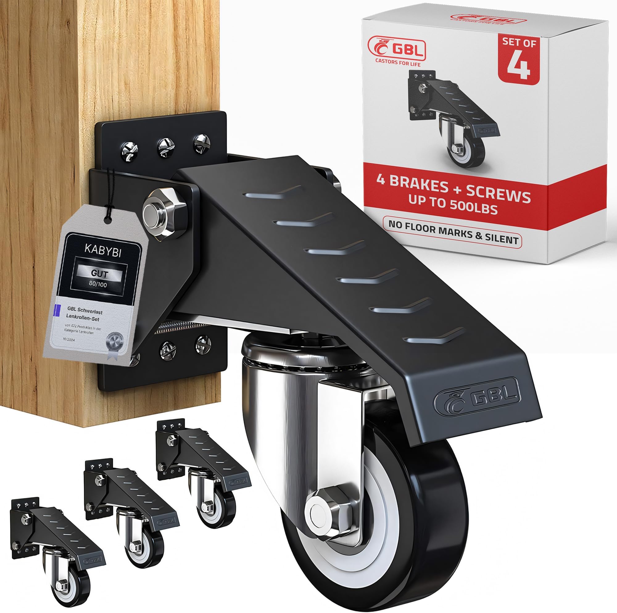 GBL No Floor Marks Castor Wheels up to 225KG + Screws -Heavy Duty Retractable Pack of 4 for Furniture or Work Bench