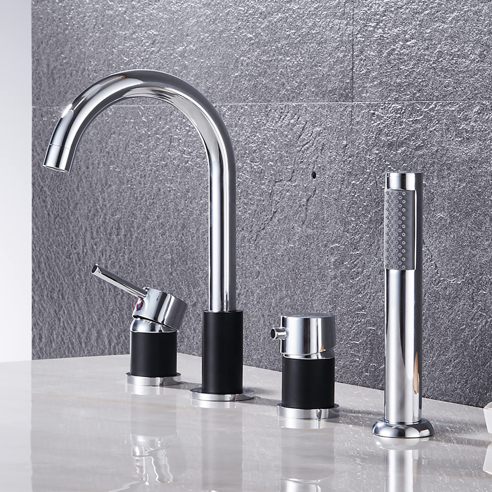 HADECOLL Thermostatic 4Hole Bathtub Faucet Multifunctional Shower Mixer With Pullout Handheld Showerhead Black & Gold Luxury Bathroom Plumbing Fixture,Chrome+Noire