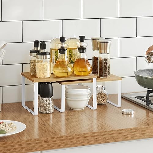 Miniatura 5 de SONGMICS Organizador de estantes de bambú y organizadores de estantes de metal, apilables, estantes de cocina expandibles, plateado, natural y