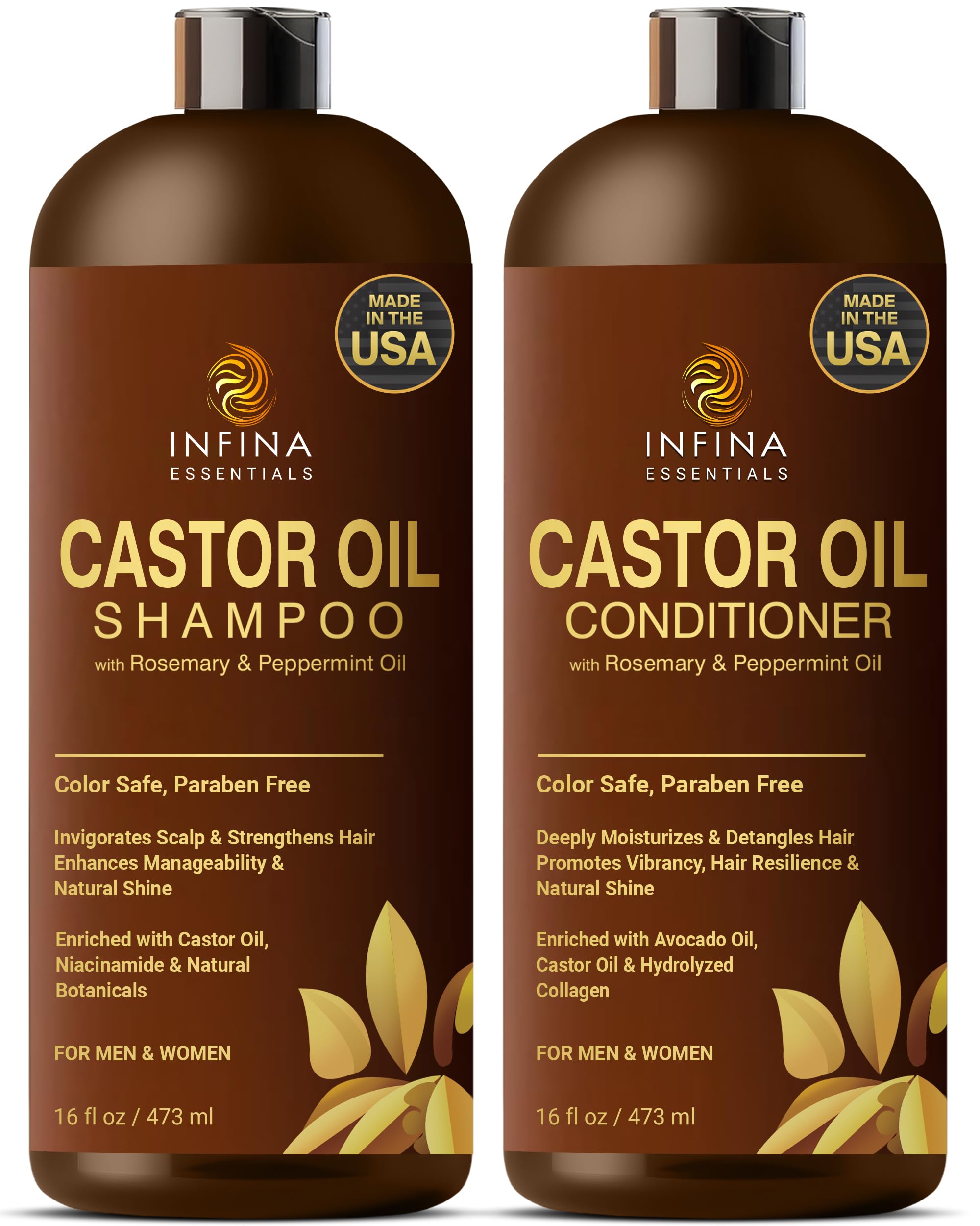 Castor Oil Shampoo and Conditioner Set for Hair Growth with Rosemary & Peppermint Oil - Cleanse Hair, Strengthen & Shine with Castor Shampoo and Conditioner - Anti-Hair Loss for Men & Women - 16 fl oz