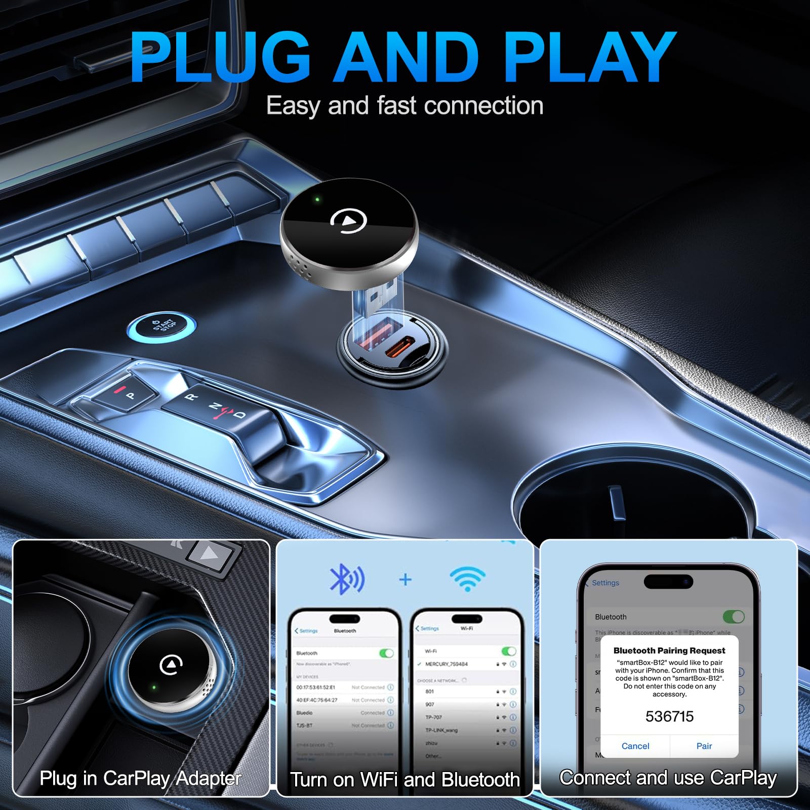 Adaptateur sans fil CarPlay 2 en 1 pour CarPlay & Android Auto, mis à niveau filaire vers Mini Car Play avec rallonge USB de type C, compatible avec Apple iPhone iOS 10+ et véhicules avec Wired