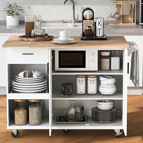 Miniatura 13 de Isla de cocina grande de 56 pulgadas con 2 hojas caídas, carrito de cocina rodante con 5 ruedas con toma de corriente y 3 cajones, mesa de comedor