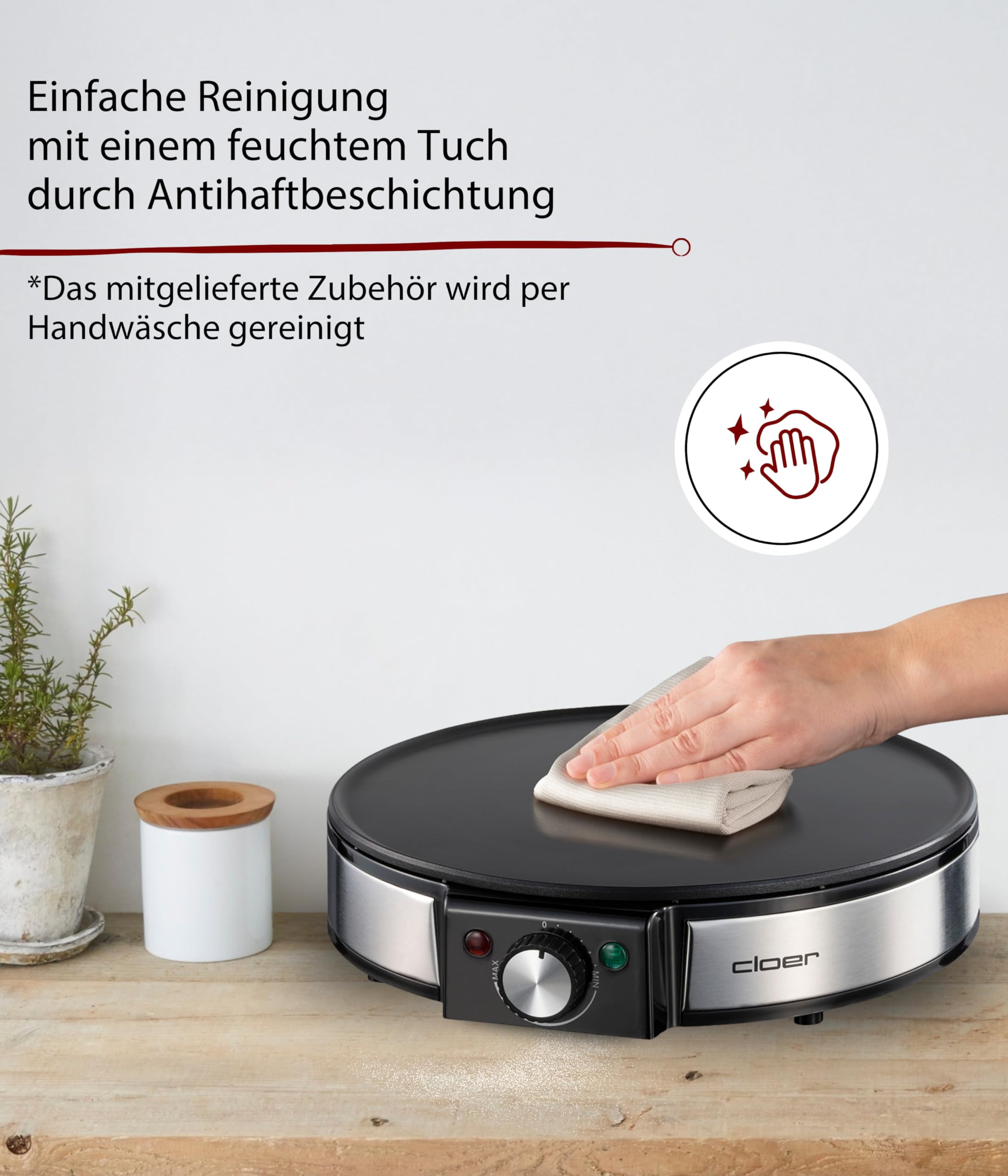 Cloer 6630 Crêpes-Maker für hauchdünne Crêpes, 30 cm Durchmesser, inkl. Teigverteiler und Wender, Crêpes-Platte mit Antihaftbeschichtung und stufenloser Temperaturkontrolle, 1200 W