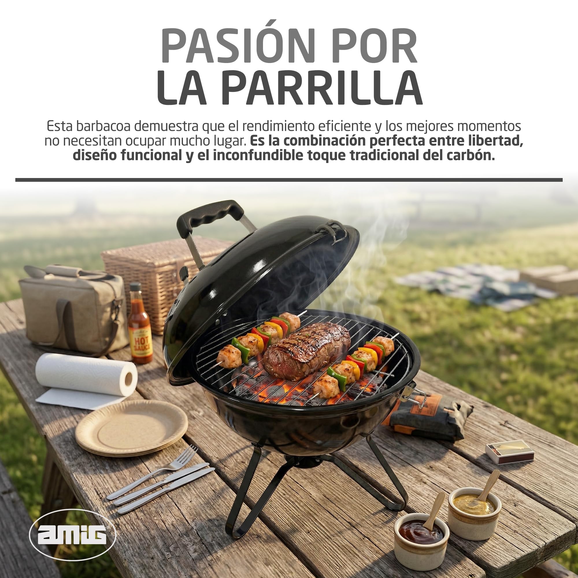 Amig - Barbacoa de carbón - 37 x 37 x 45 cm - Negro - Fabricado en Acero - Jardín y Patio. Mod. KRYPTA