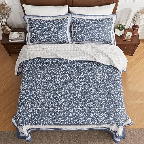 Miniatura 4 de PANGUSHAN Colcha de gran tamaño de 120 x 120 pulgadas, 100% algodón, tamaño California King, reversible, botánico, floral, casa de campo, XL, juego