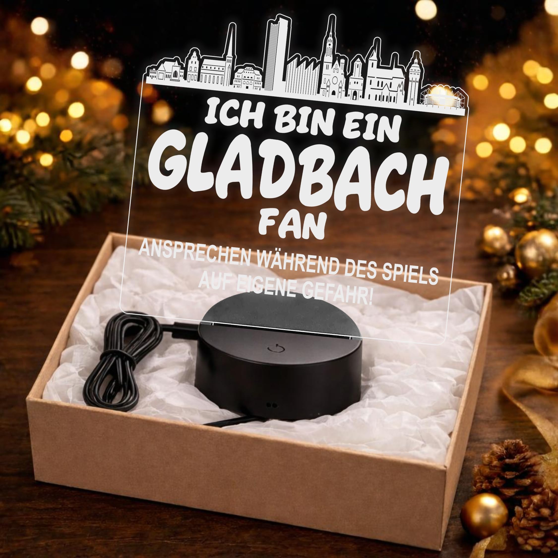 Lieblingsmensch Gladbach Fan Fußball LED Nachtlicht – 3D Skyline Design „Ansprechen auf eigene Gefahr“ – RGB Farbwechsel mit Fernbedienung & Touch – Stimmungslicht für die Man Cave – 19x23cm