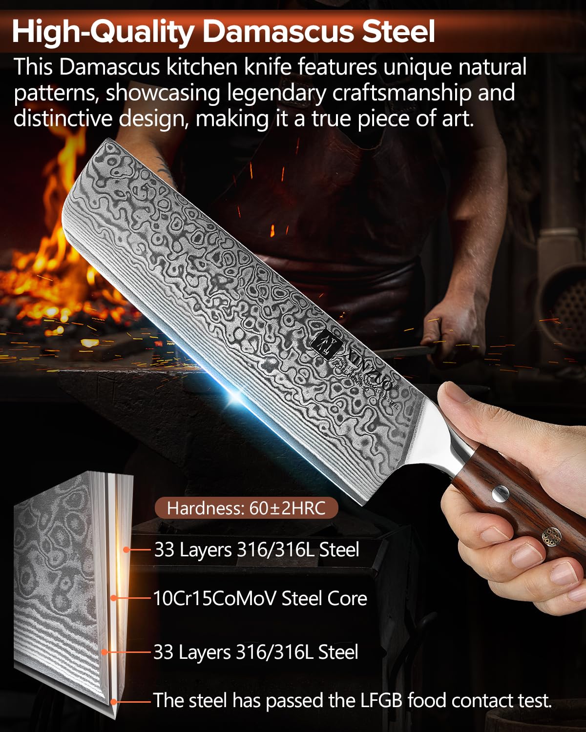XINZUO 18.5cm Acier Damas Couteau Nakiri, Tranchants Couteaux de Cuisine Acier Damas 67 Couches Couteau de Chef, Convient pour la Viande, les Légumes et les Fruits -Poignée Bois de Rose