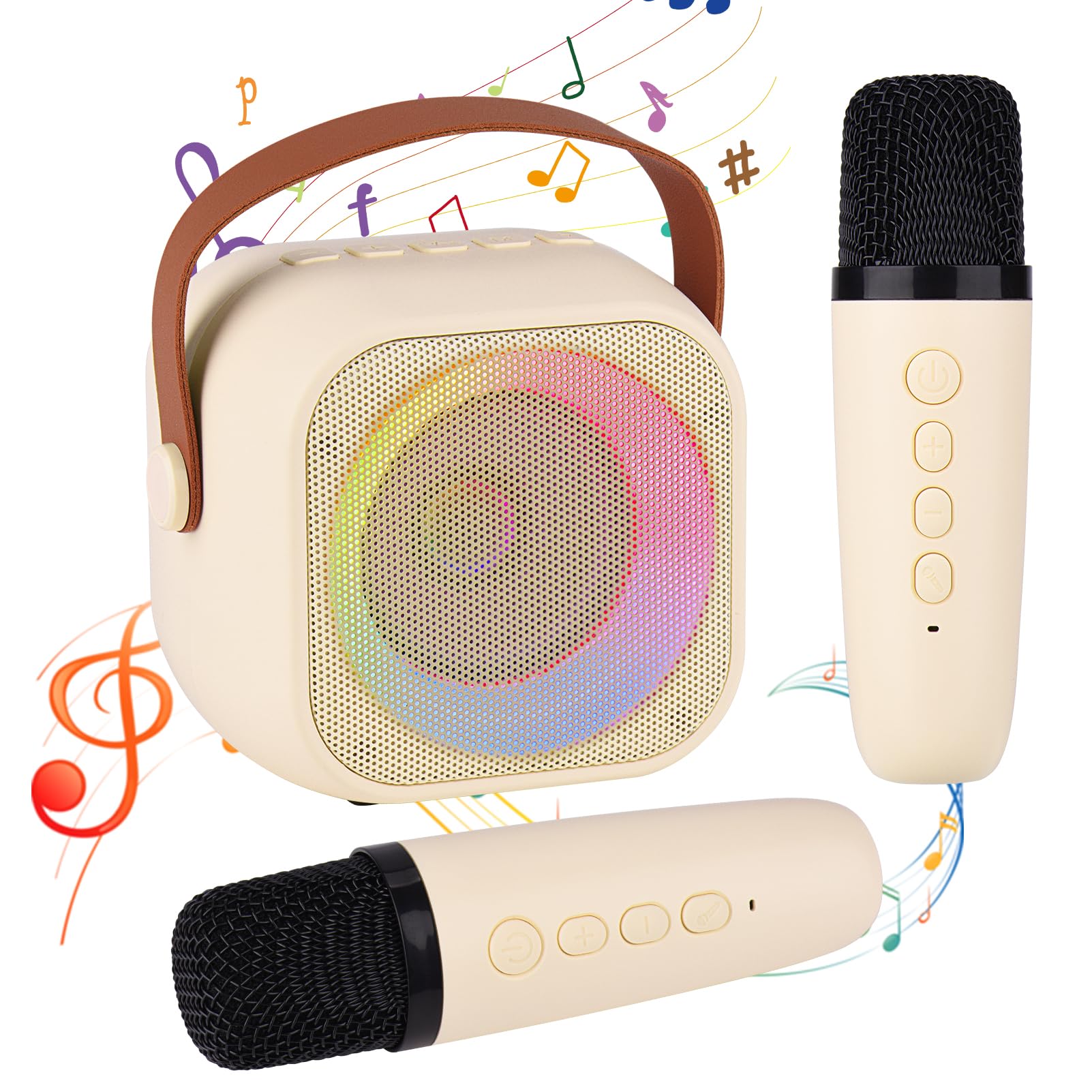 Karaoke Machine for Kids Adults, Mini Portable Bluetooth Karaoke Speaker with 2 Wireless Microphone and Lights,Toys for All Smartphones,Birthday, Family,Home Party Beige-image-13