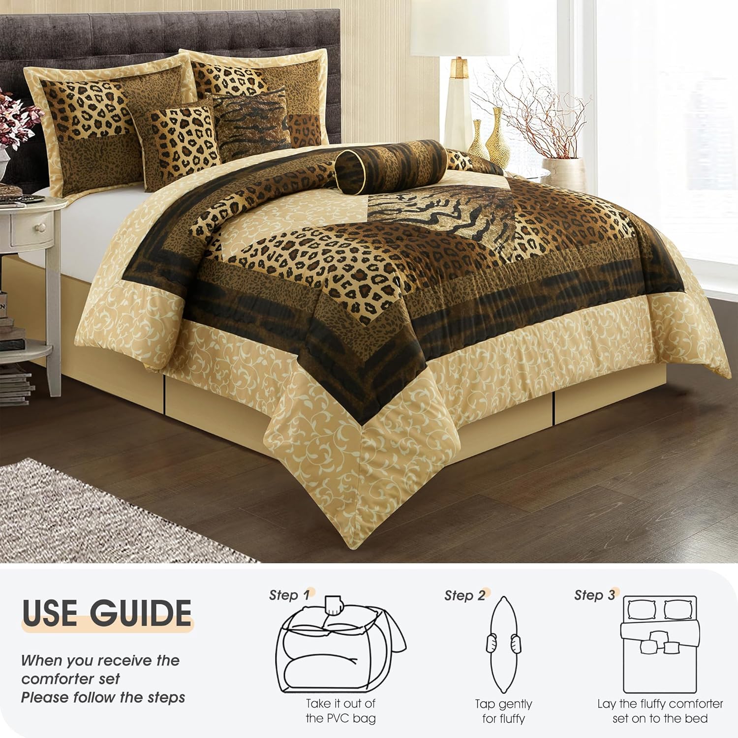 LANCO MODERN LIFESTYLE 7 Piece Queen Comforter Set, Brown Gold, Leopard Short Plush Print, African Safari Themed Bed Set for All Season, Include Comforter, Bedskirt, Pillow Shams and Decor Pillows